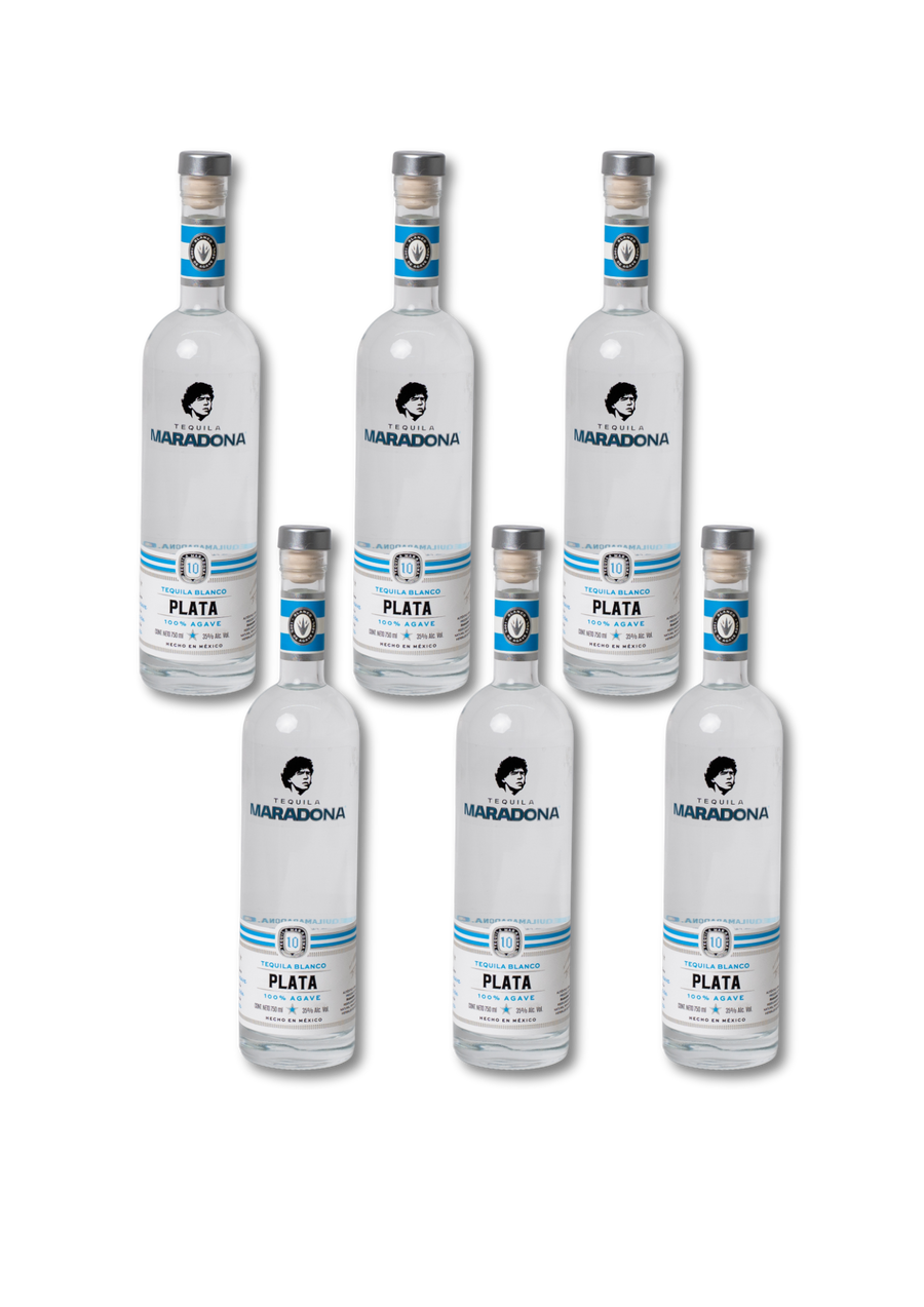 Caja con 6 botellas de Tequila Maradona Blanco Plata (750 ml c/u)