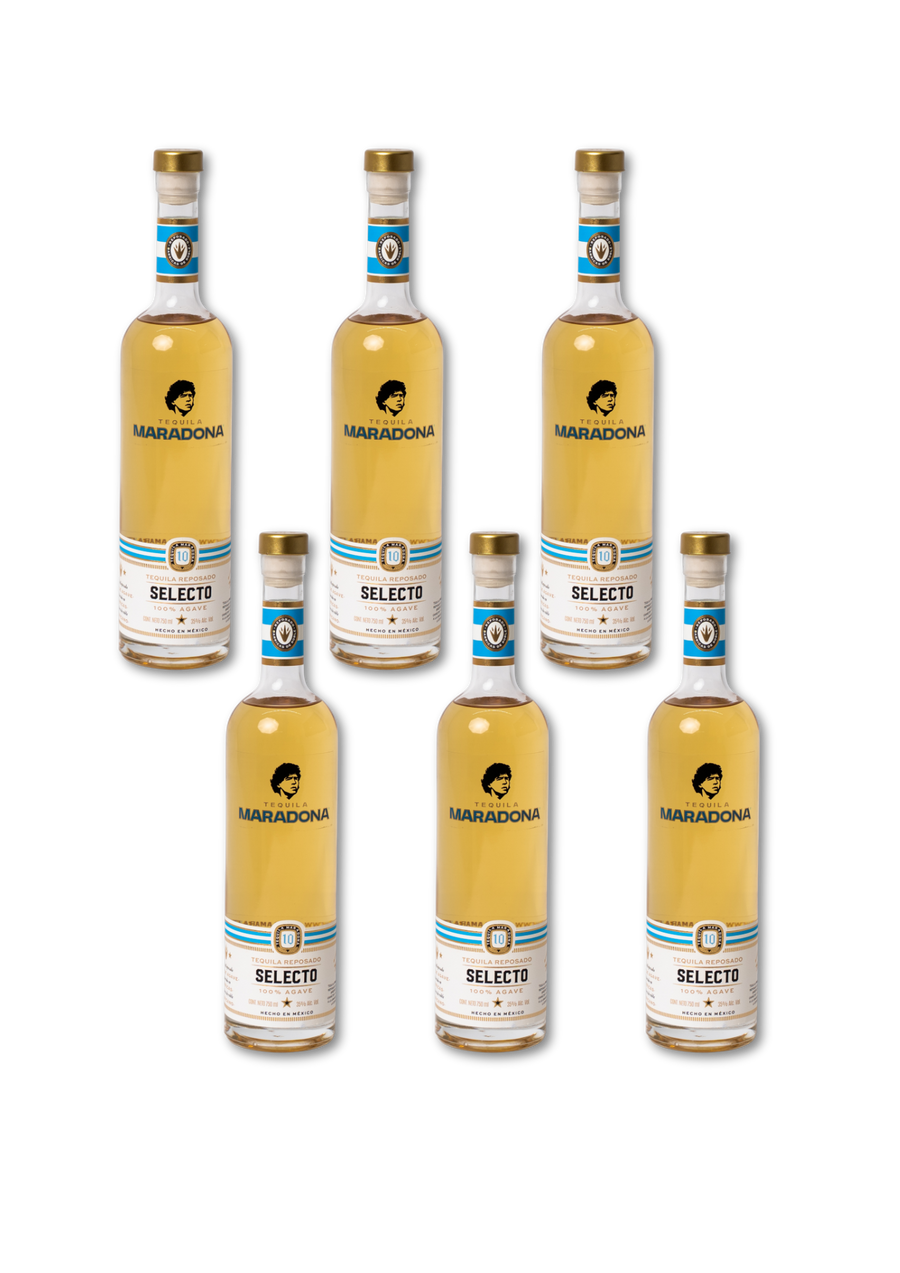 Caja con 6 botellas de Tequila Maradona Reposado Selecto (750 ml c/u)